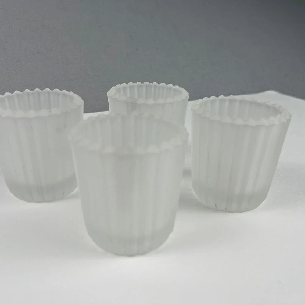 Scalloped Glass Votive Candle Holders Set of 4 White Frosted Ribbed